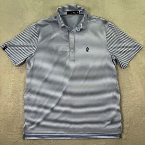 RLX Ralph Lauren Mens Large Golf Polo Shirt Blue White Striped 1912 Logo Preppy
